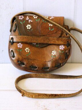 Vintage Small Tooled Leather Purse Floral Painted (Child Size)
